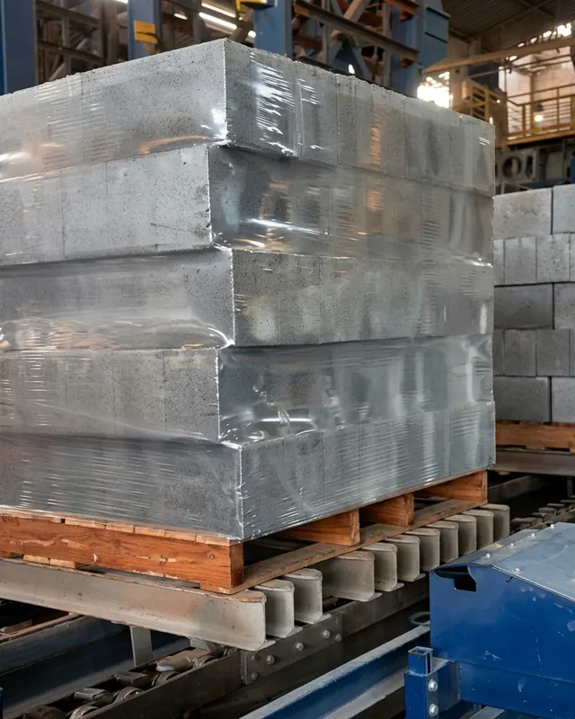 Palete de blocos de concreto firme, envolto em filme stretch