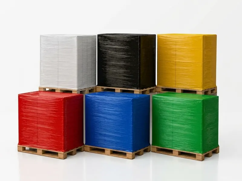 Paletes envoltos em filme stretch colorido: branco, preto, amarelo, vermelho, azul e verde